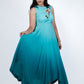 Turquoise Ombre Satin Organza Gown with Hummingbird Embroidery