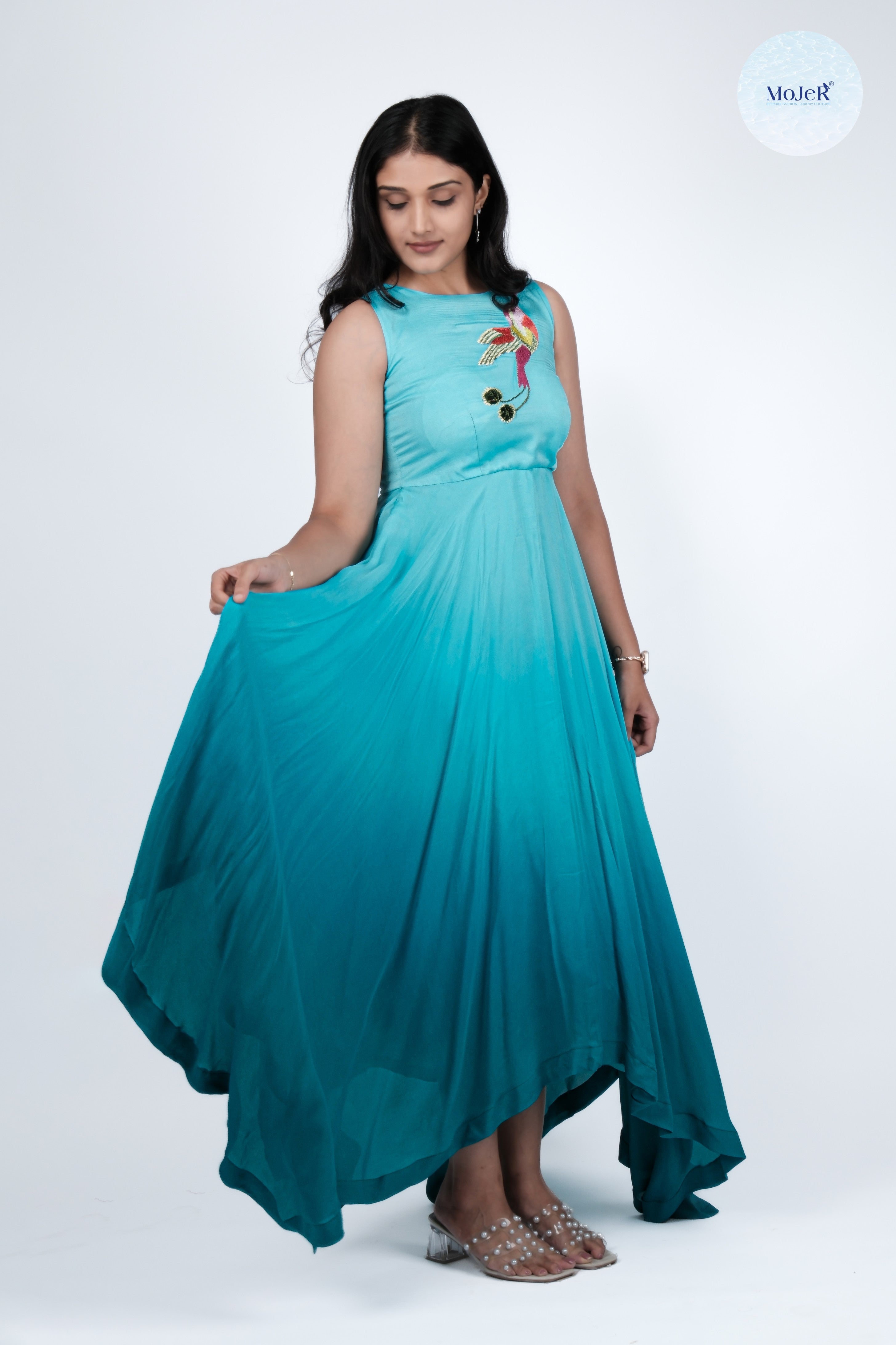 Turquoise Ombre Satin Organza Gown with Hummingbird Embroidery