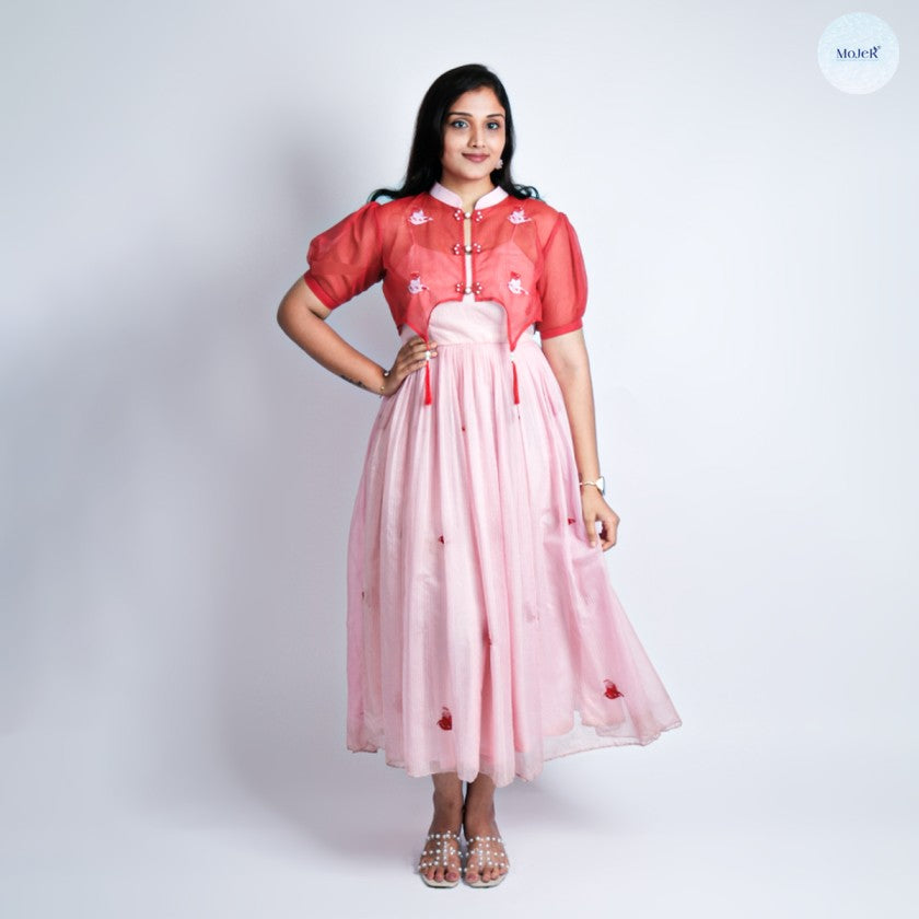 Pink Kota Doriya Hand Embroidered Dress with Chinese Style Jacket