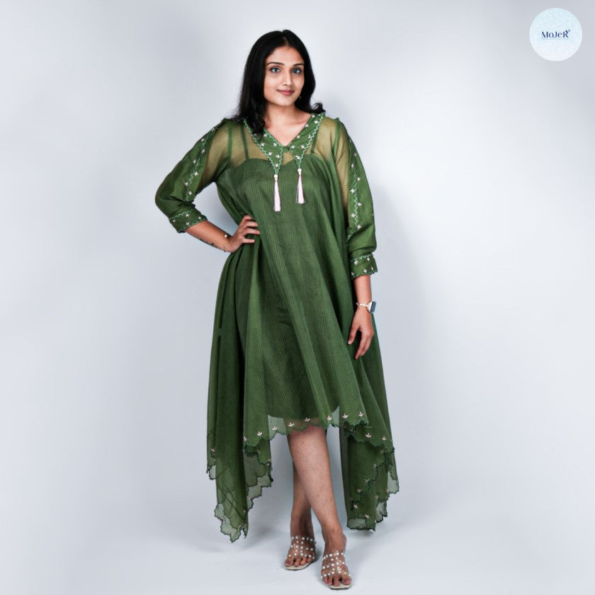 Green Kota Doriya Hand Embroidered Cutwork Dress