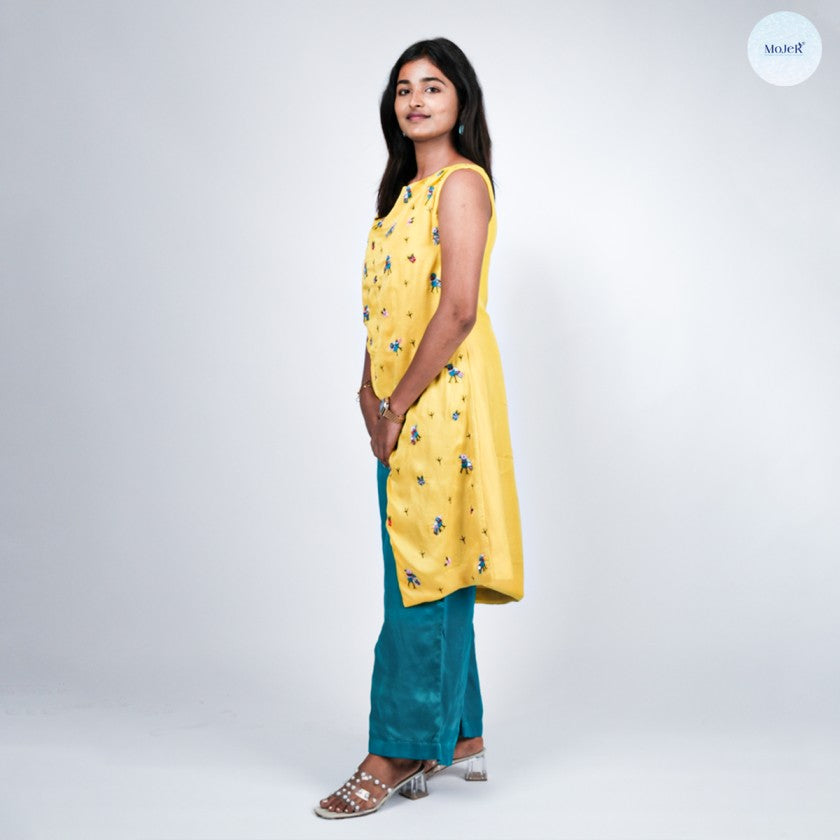 Yellow Satin Organza Bird Embroidered Asymmetric Kurta Set