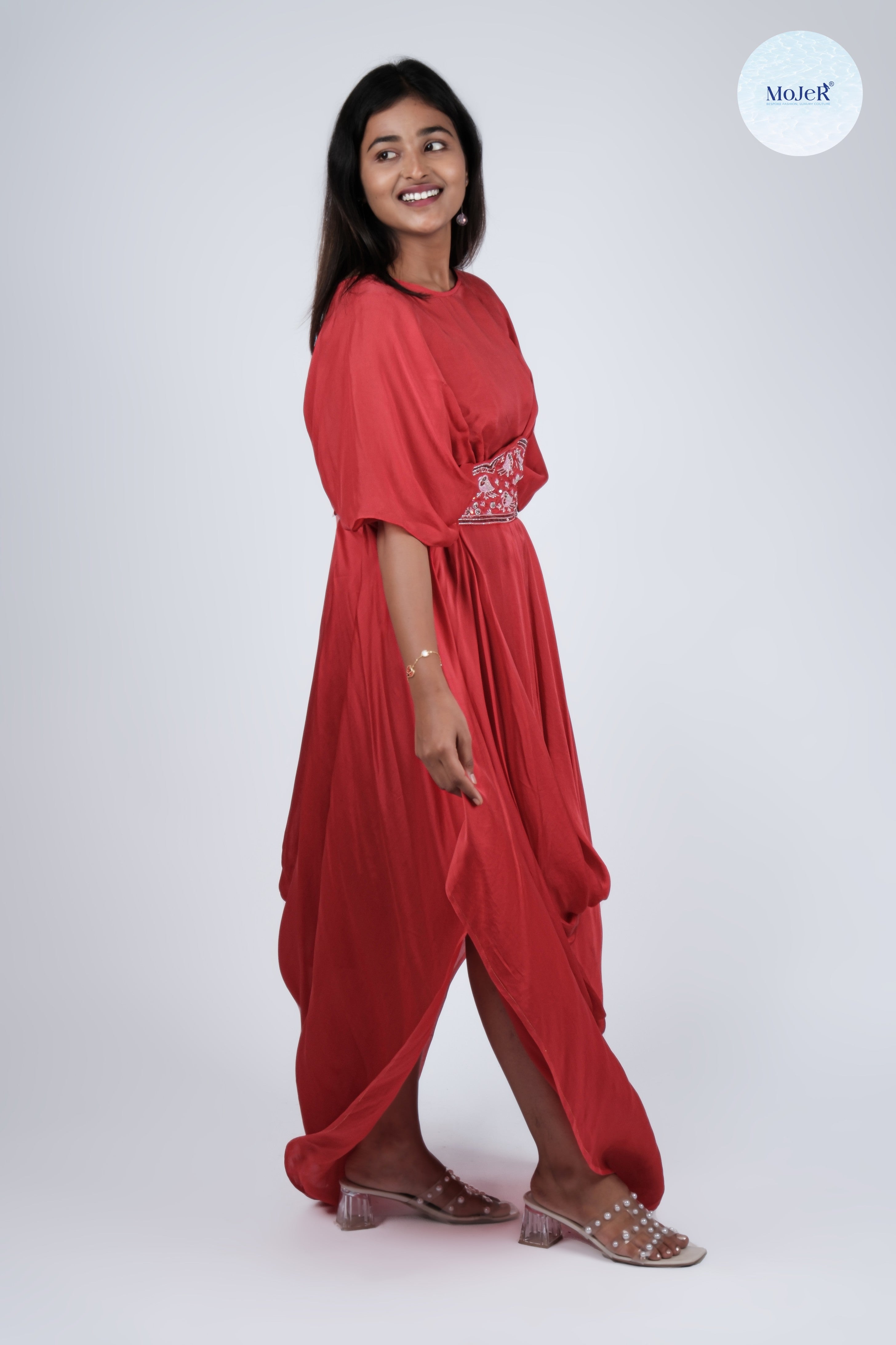 Red Satin Organza Cowl Gown with Hand-Embroidered Detachable Belt