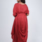 Red Satin Organza Cowl Gown with Hand-Embroidered Detachable Belt