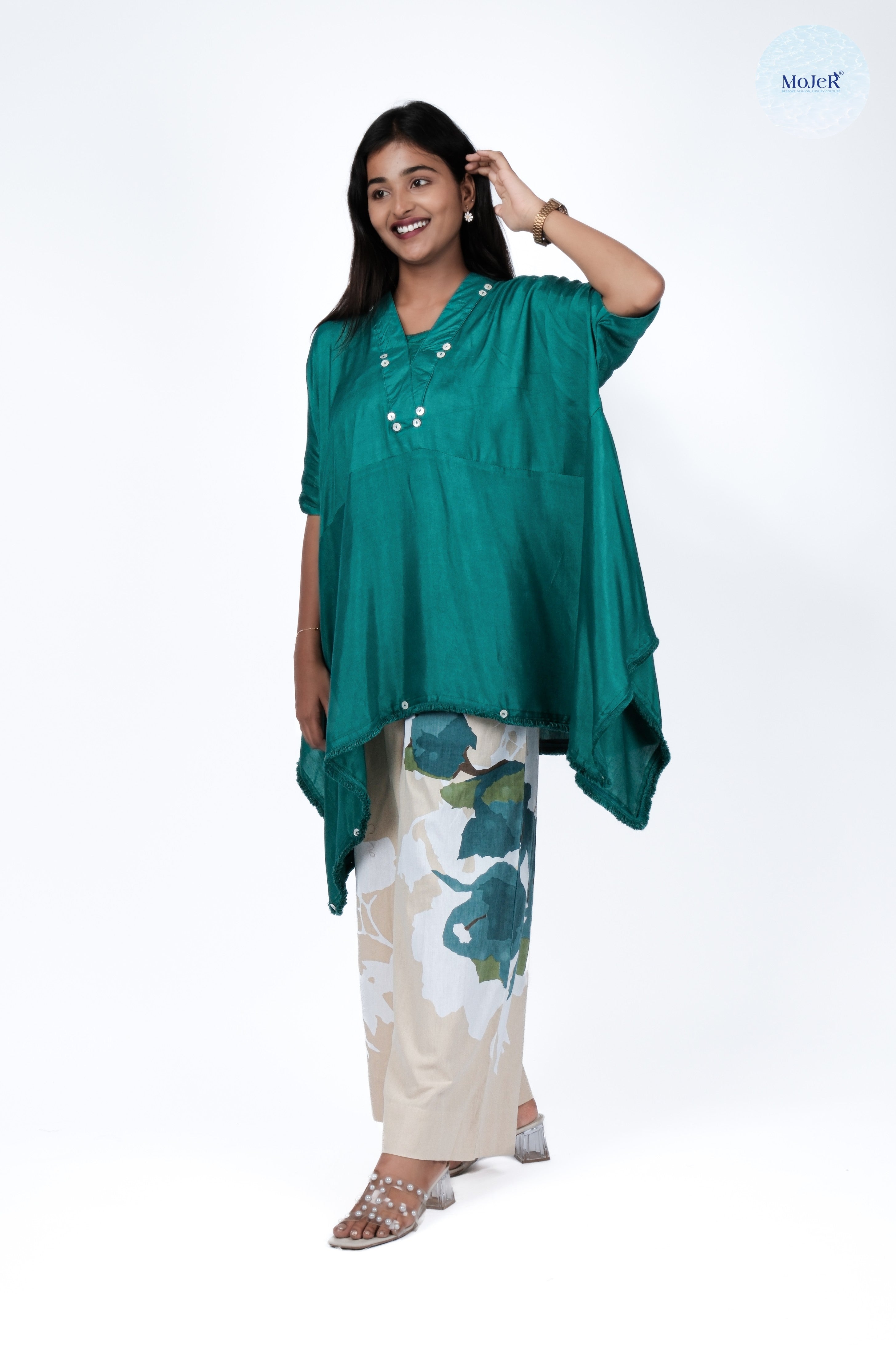 Green Poncho Top with Floral Pants Set