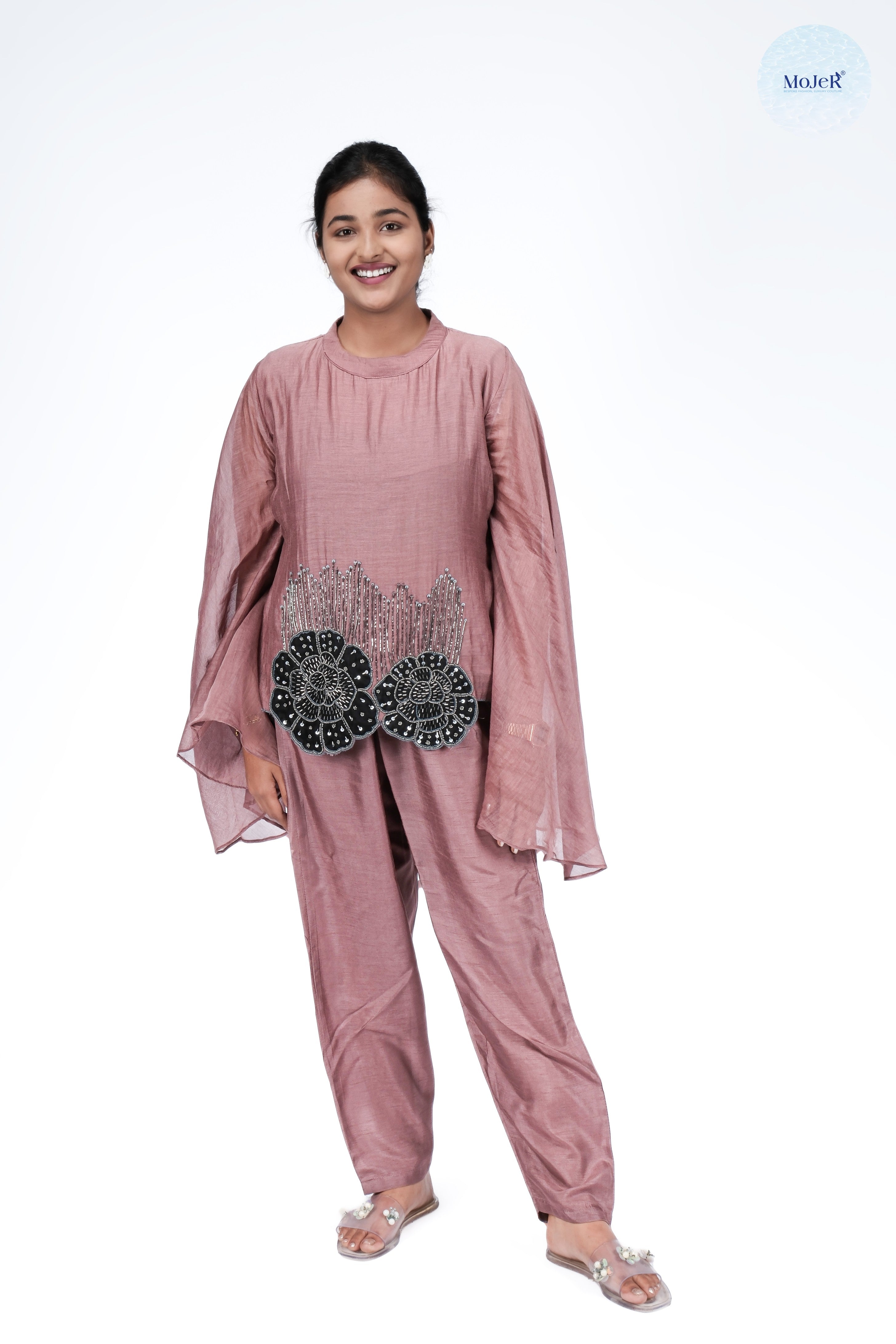 Dusty Rose Embellished Set with Black Floral Beads Work