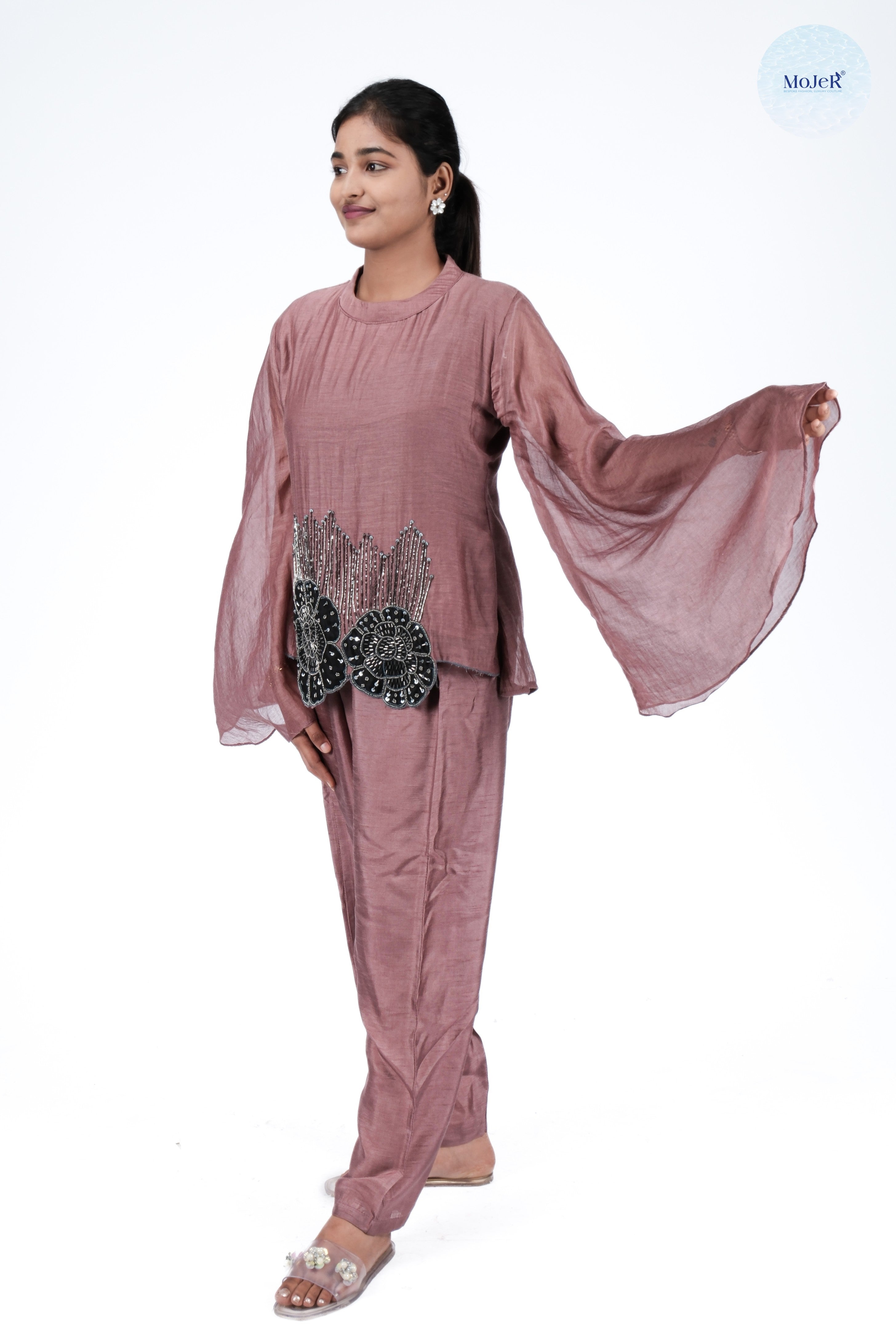 Dusty Rose Embellished Set with Black Floral Beads Work