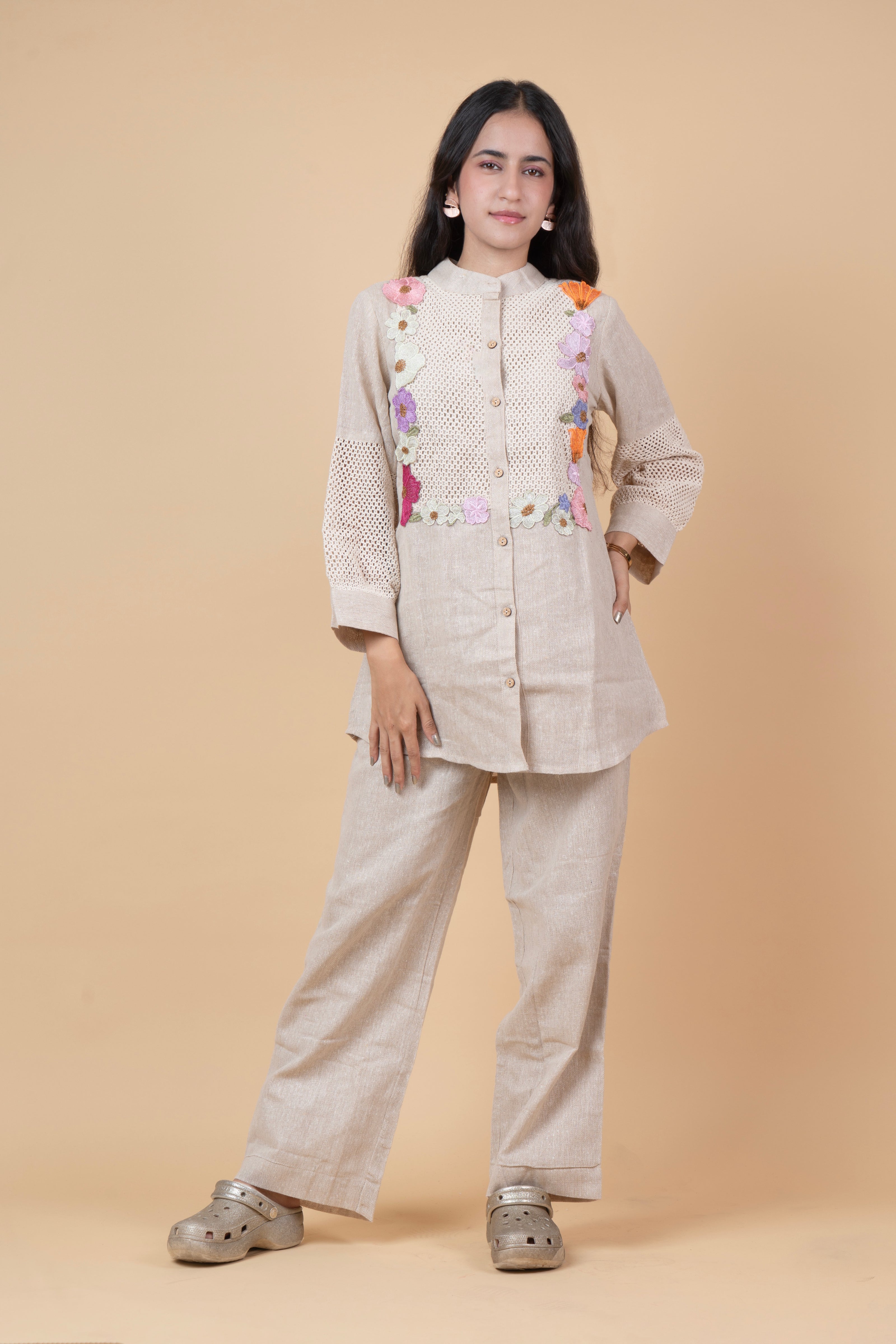 Beige Floral Embroidered Jute Co-Ord Set