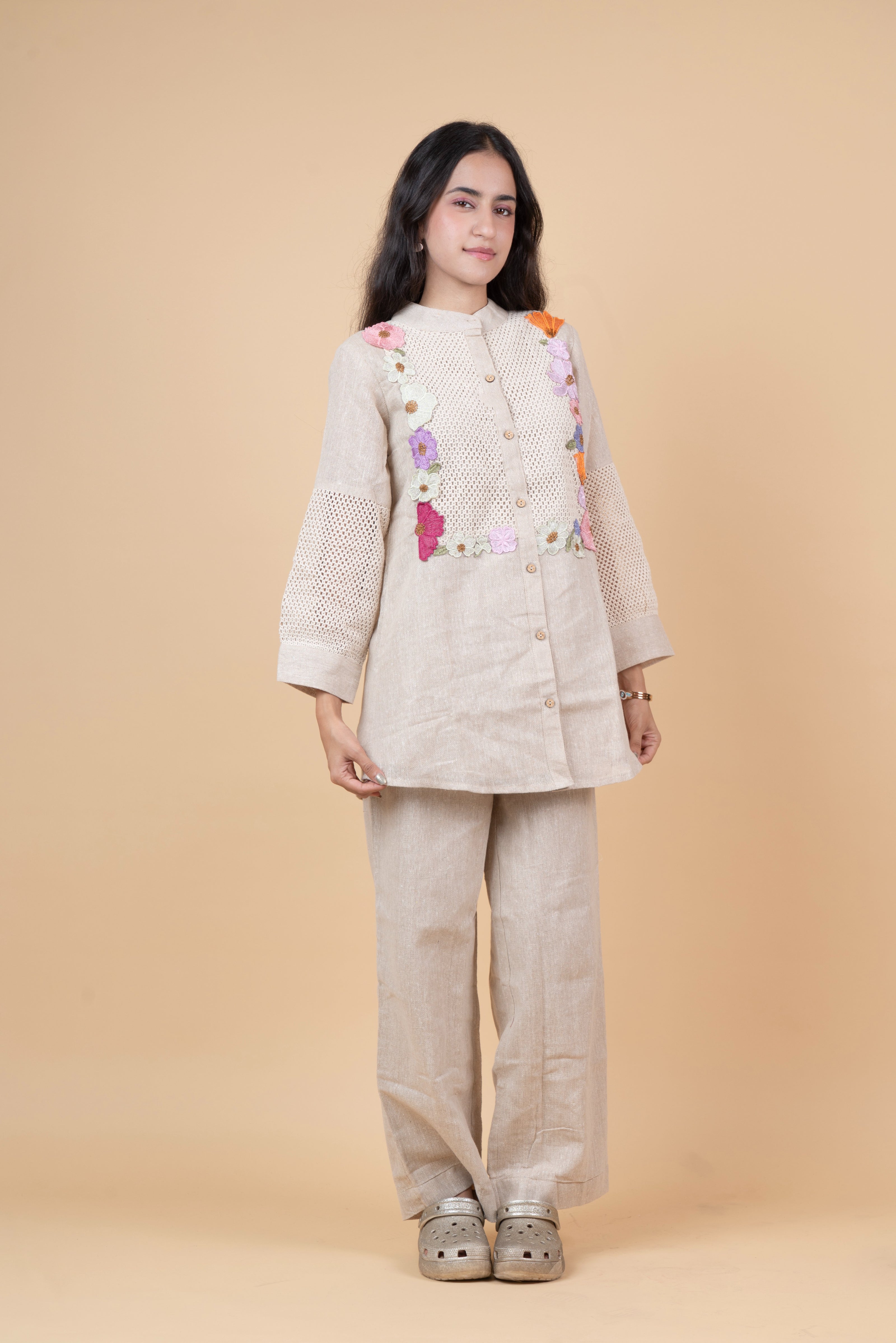 Beige Floral Embroidered Jute Co-Ord Set