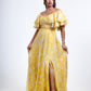Yellow Off-Shoulder Ruffle Gown with Metallic Floral Detailing