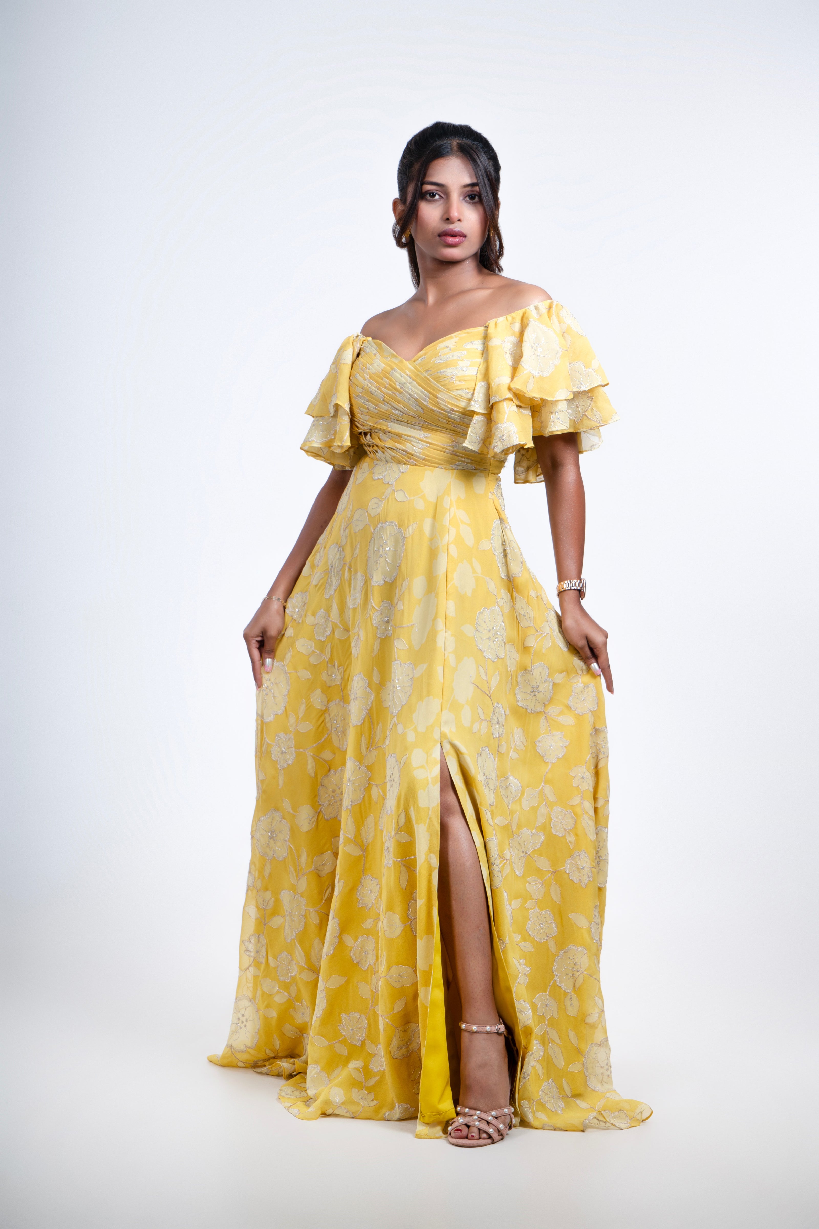 Yellow Off-Shoulder Ruffle Gown with Metallic Floral Detailing
