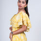 Yellow Off-Shoulder Ruffle Gown with Metallic Floral Detailing