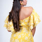 Yellow Off-Shoulder Ruffle Gown with Metallic Floral Detailing