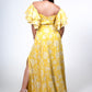 Yellow Off-Shoulder Ruffle Gown with Metallic Floral Detailing