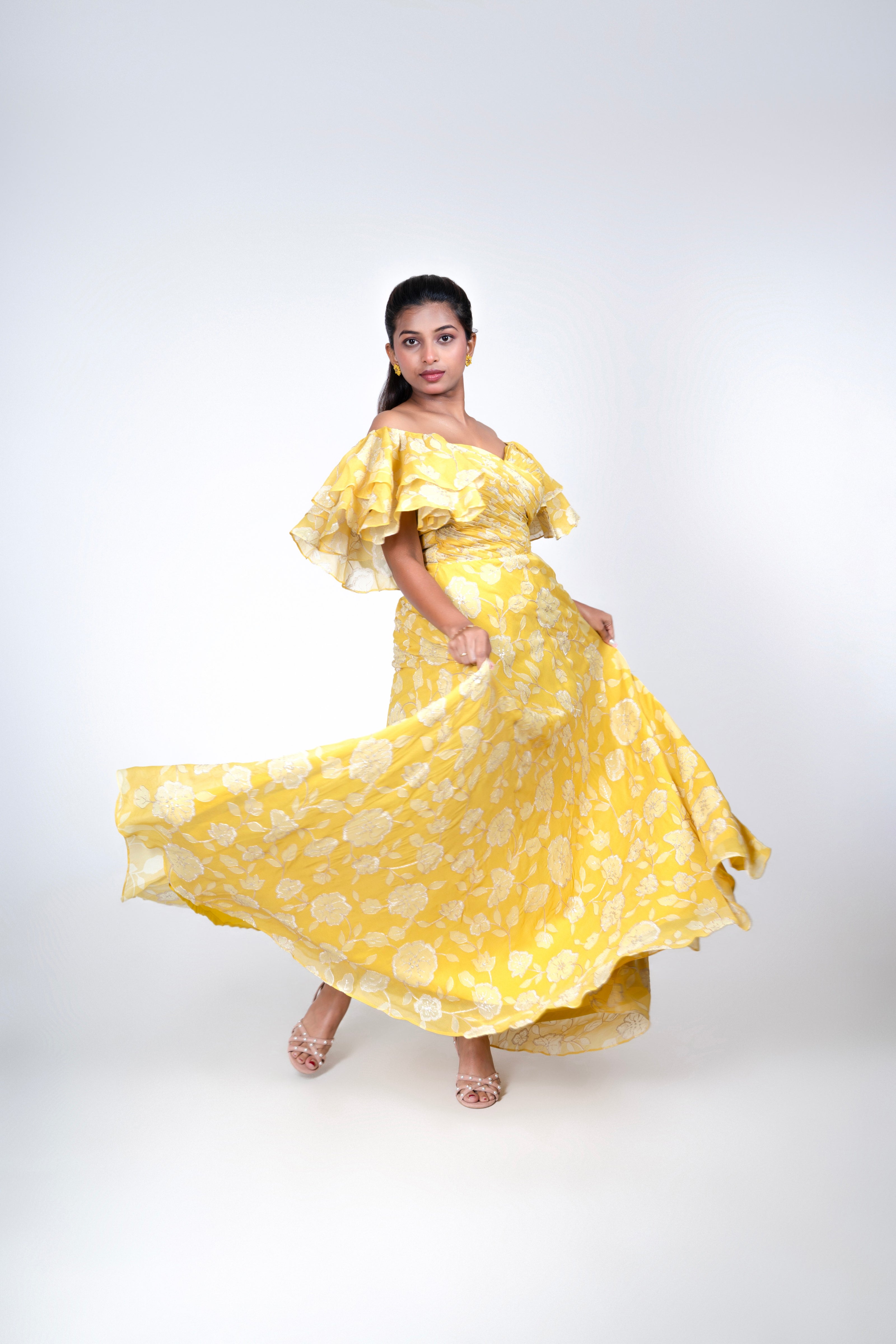 Yellow Off-Shoulder Ruffle Gown with Metallic Floral Detailing