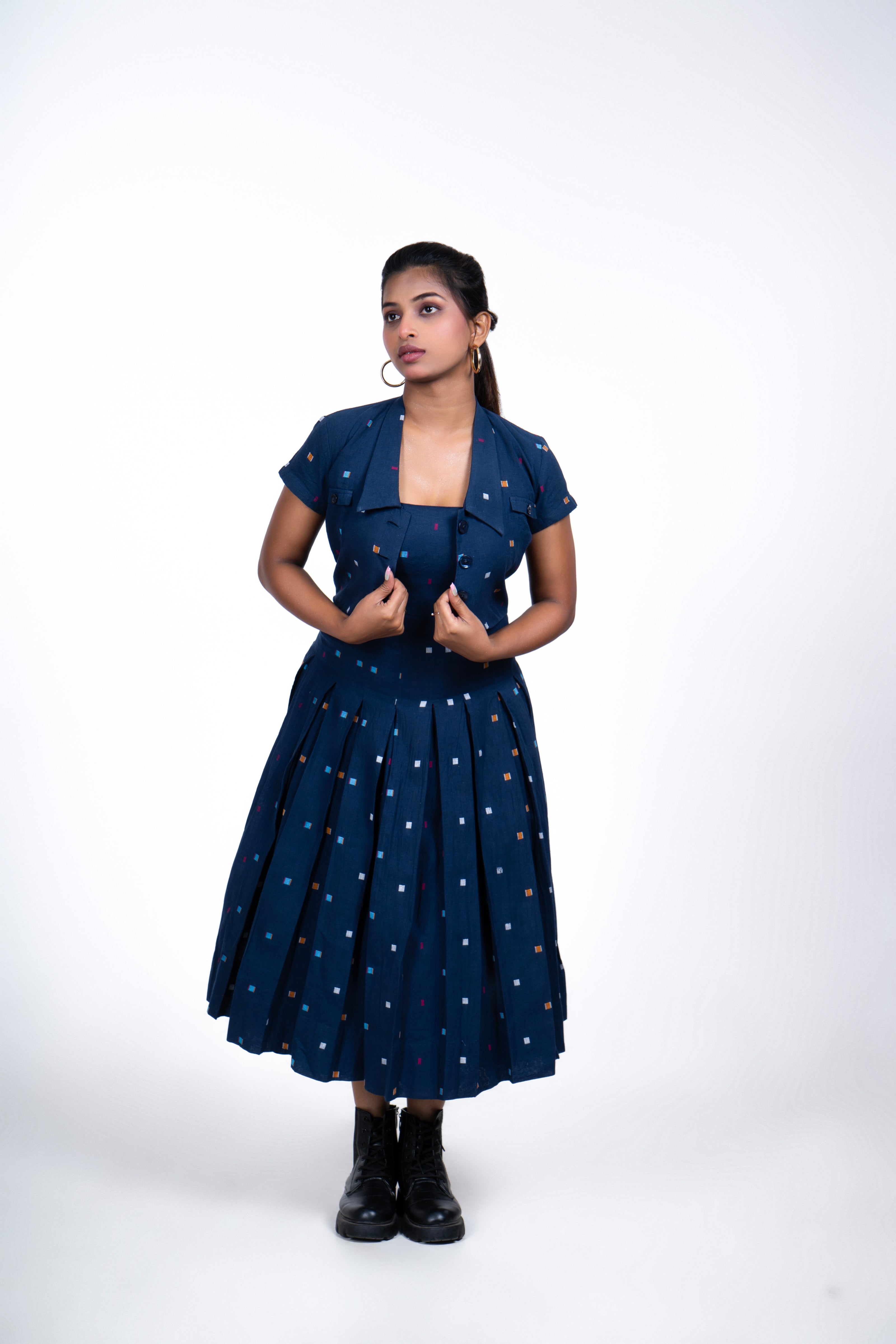 Navy Blue Box Pleated Cotton Dress with Overcoat