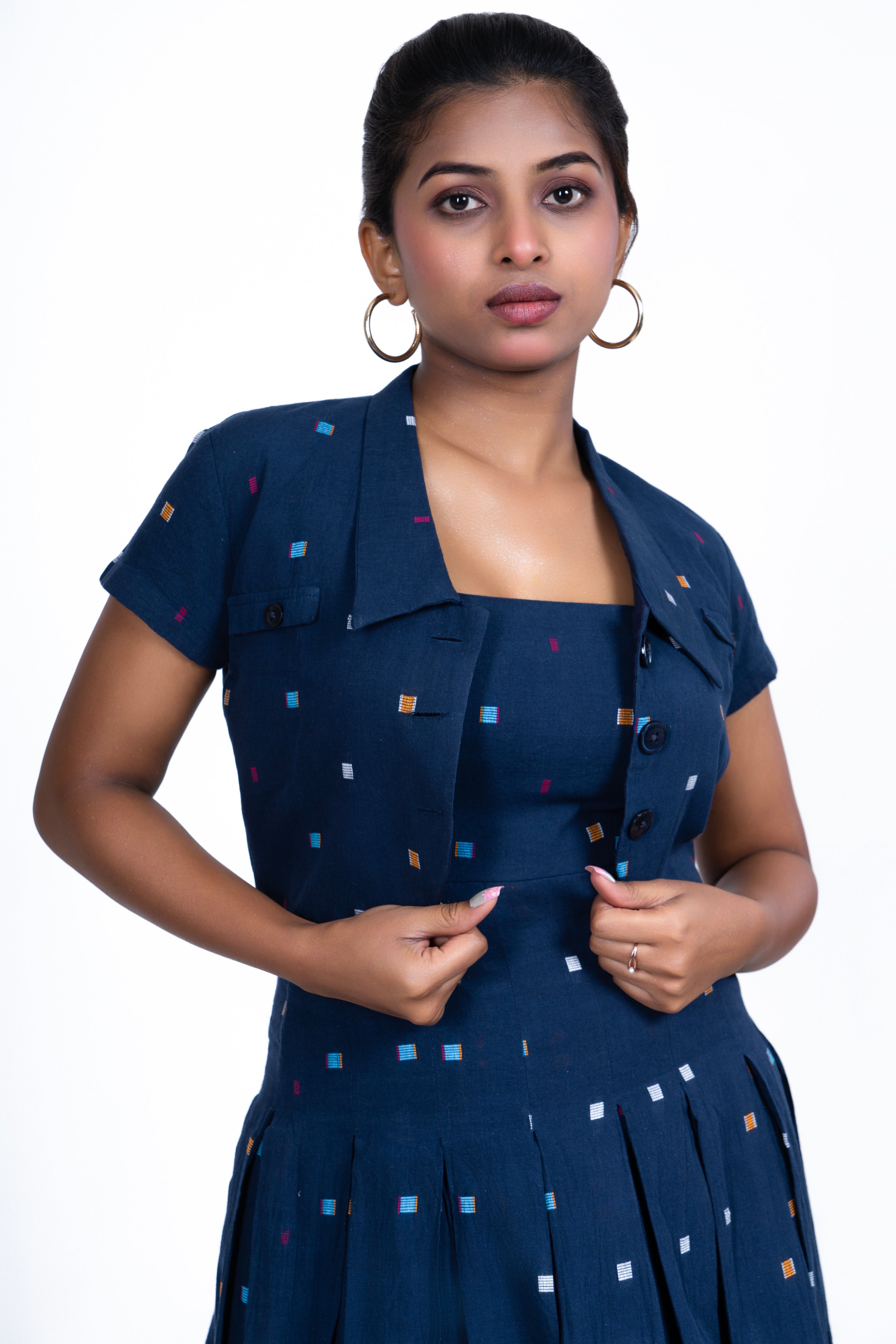 Navy Blue Box Pleated Cotton Dress with Overcoat