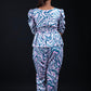 Pastel Wave Print Jumpsuit with Gathered Waist and Puff Sleeves