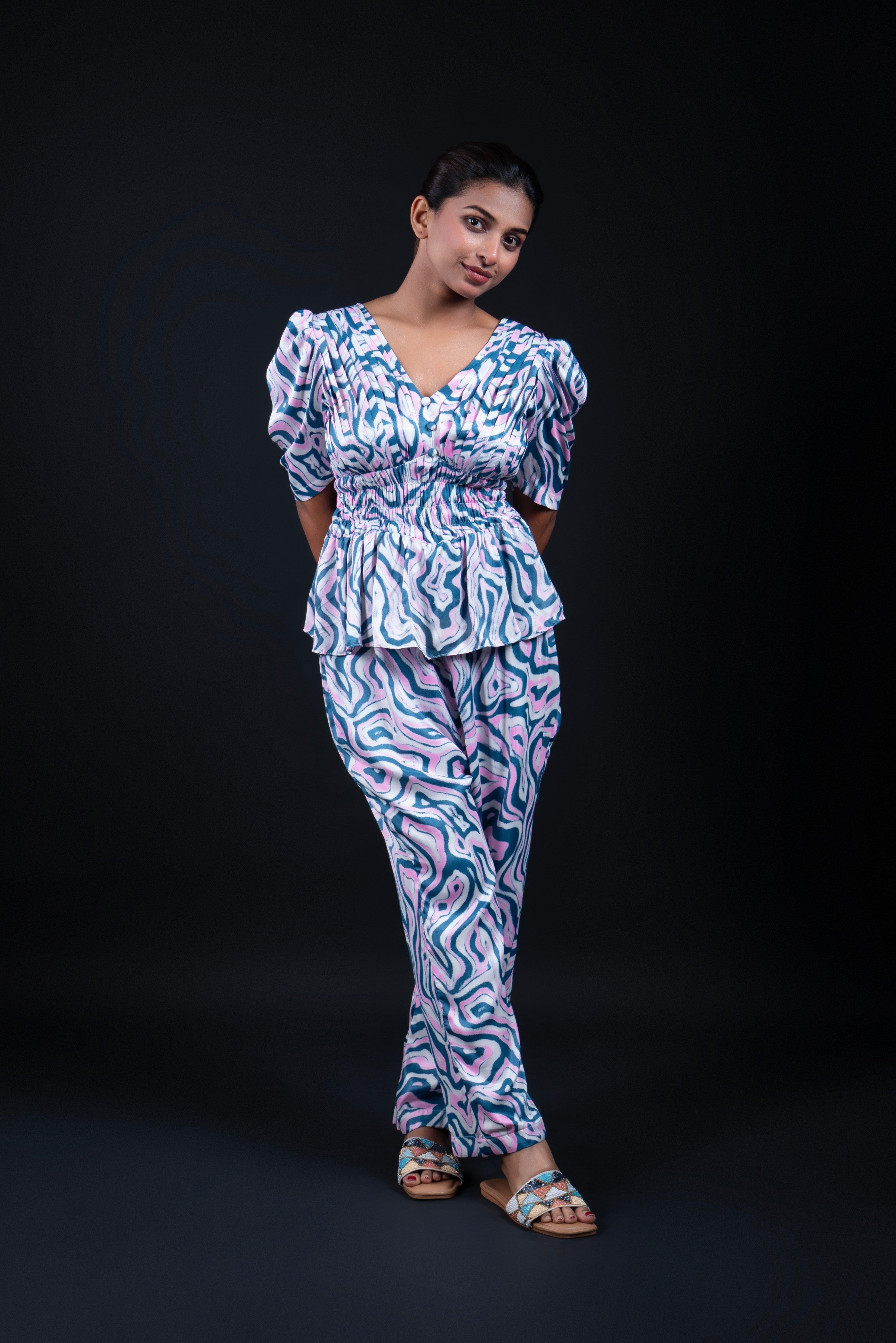 Pastel Wave Print Jumpsuit with Gathered Waist and Puff Sleeves