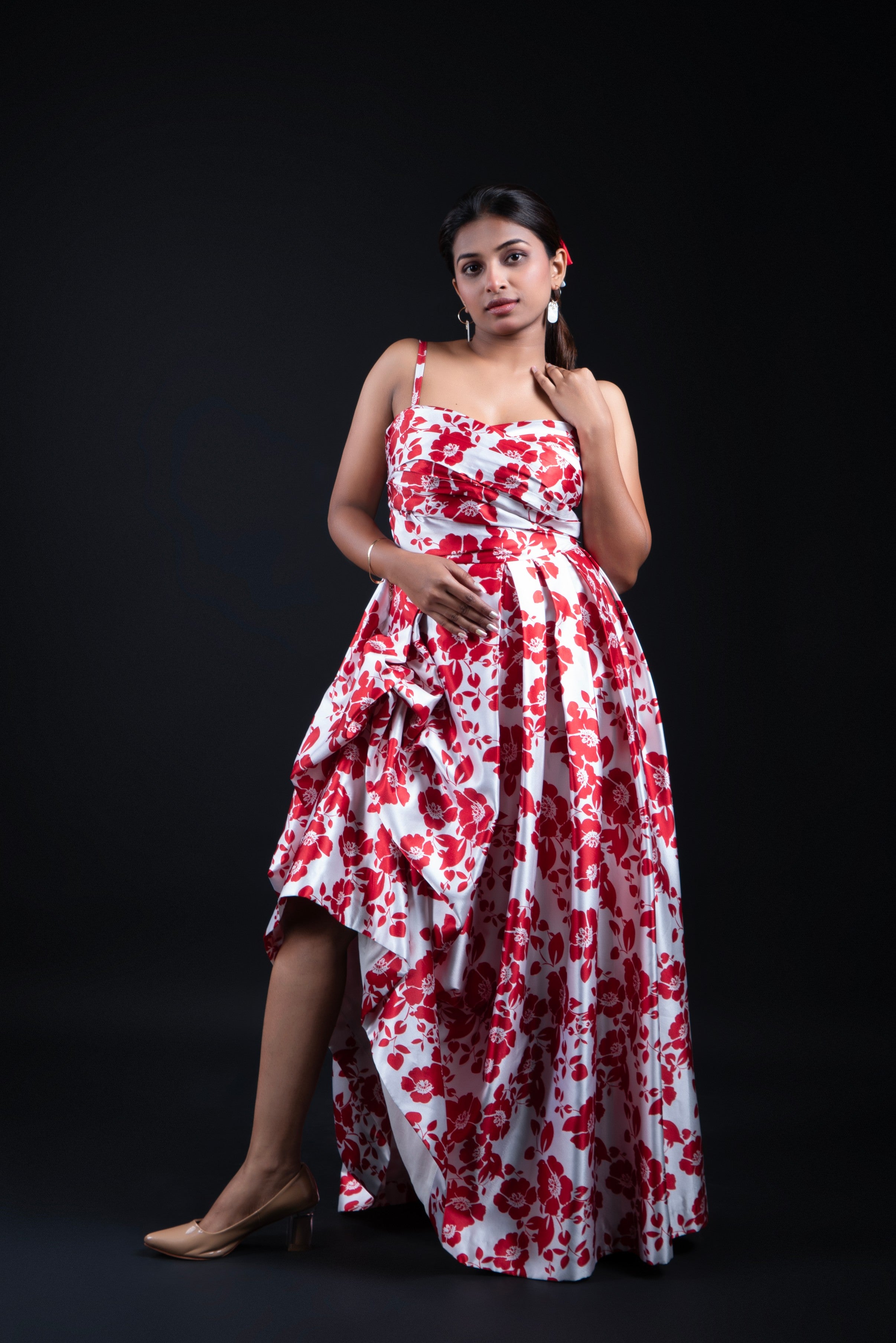 Red Floral Convertible Gown with Adjustable Length Strings