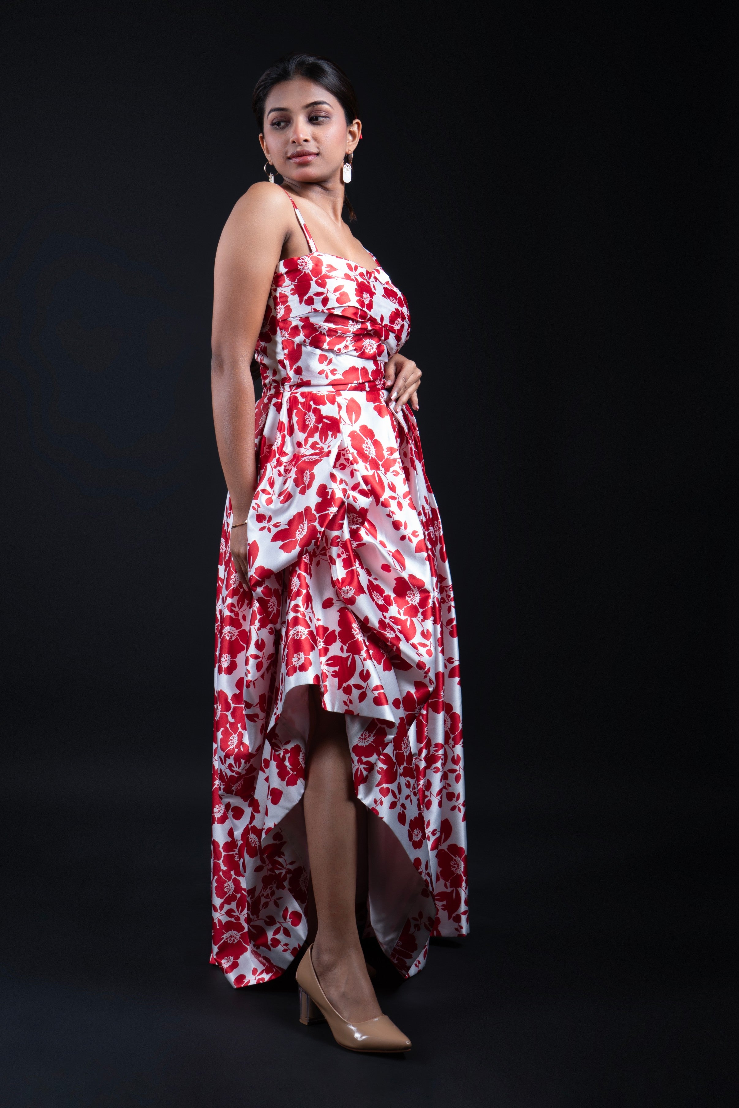 Red Floral Convertible Gown with Adjustable Length Strings