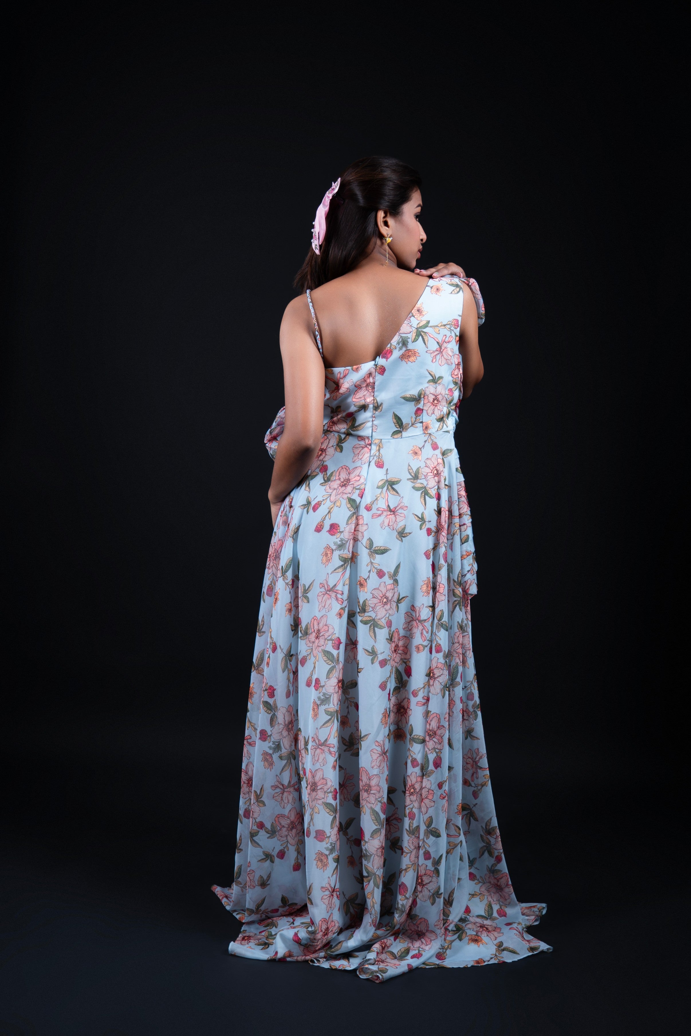 Blue Floral Organza Gown with 3D Ruffle Shoulder and Pleated Bodice