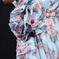 Blue Floral Organza Gown with 3D Ruffle Shoulder and Pleated Bodice