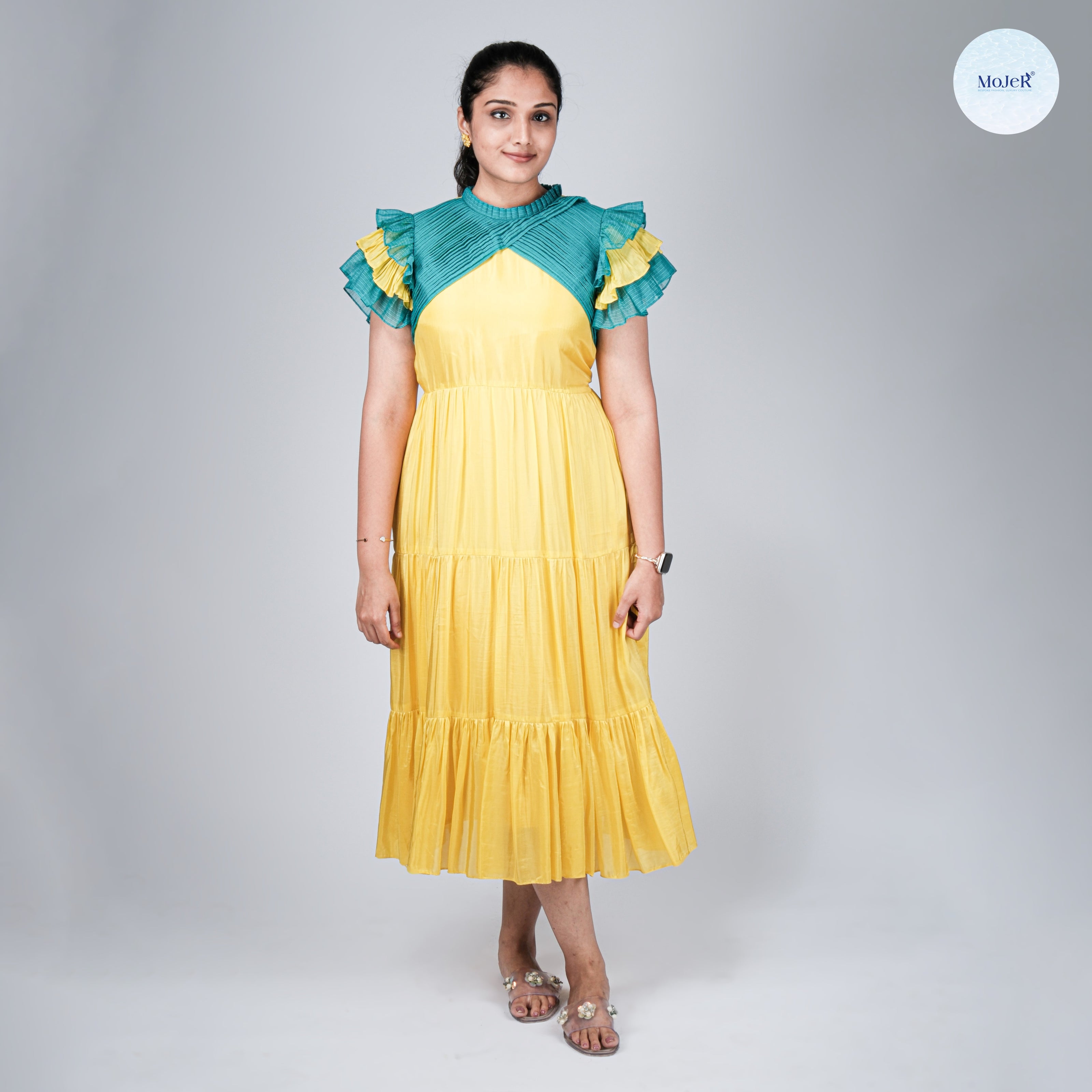 Yellow Satin Organza Dress with Blue Kota Pleated Yoke