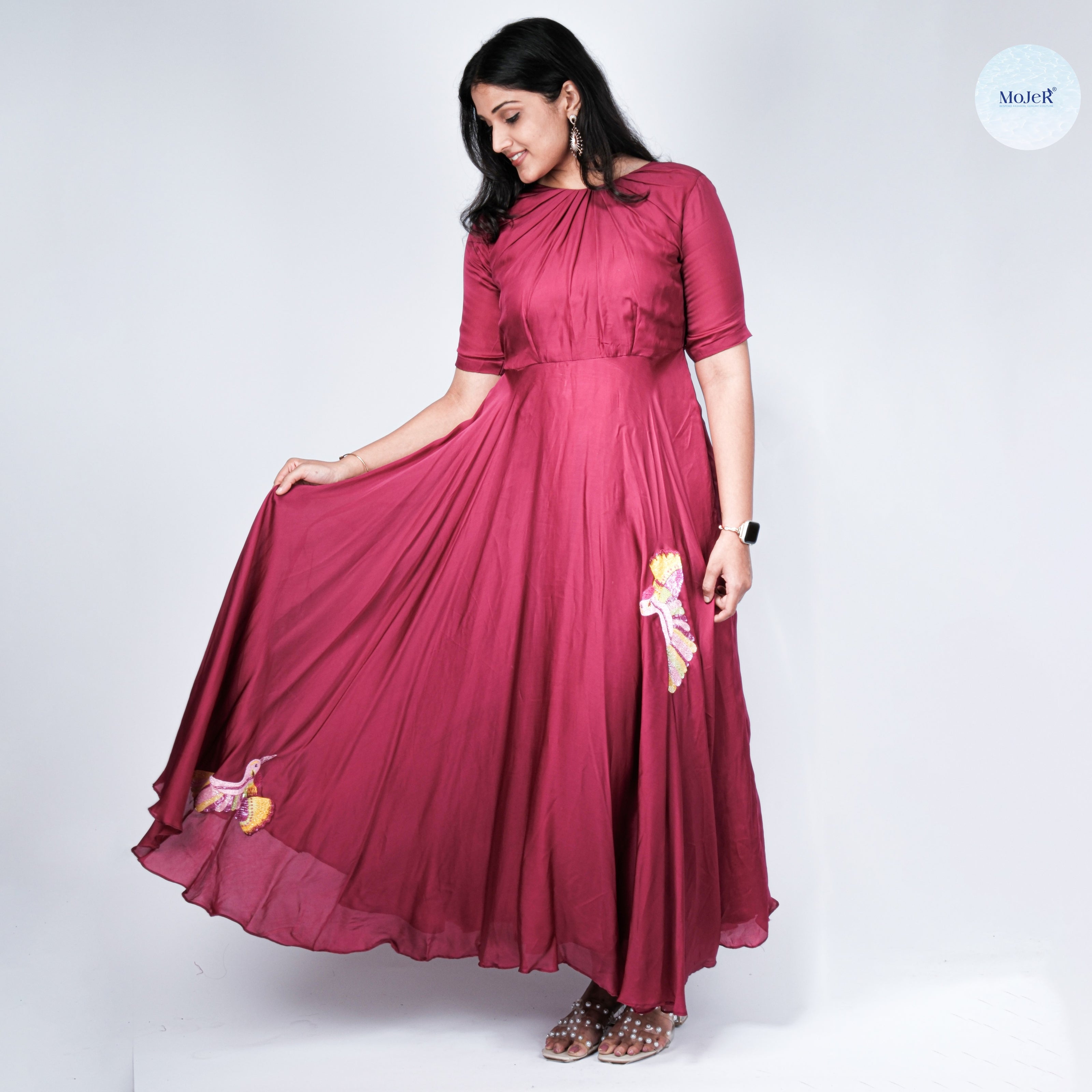 Wine Satin Organza Flared Dress with Hand-Embroidered Birds