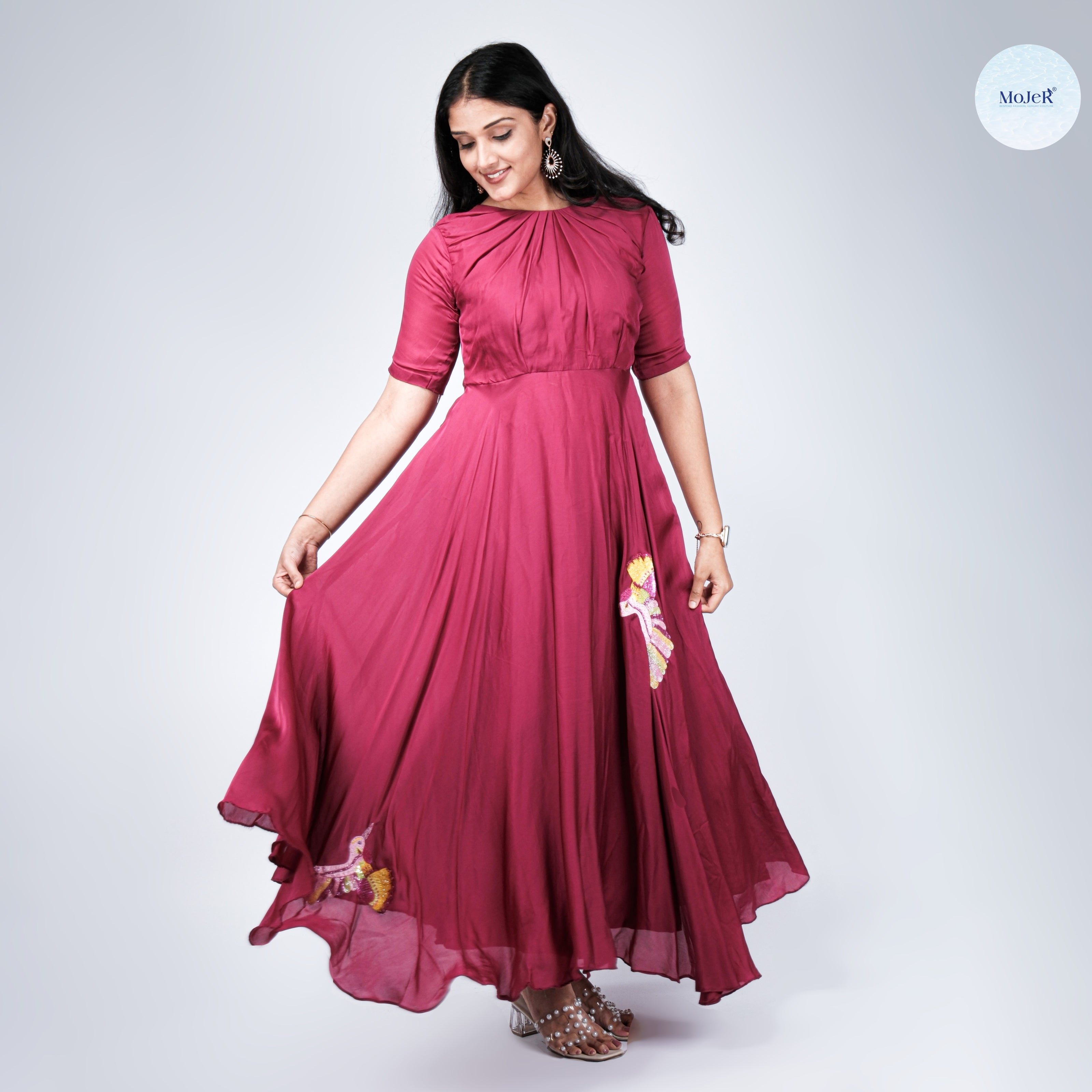 Wine Satin Organza Flared Dress with Hand-Embroidered Birds