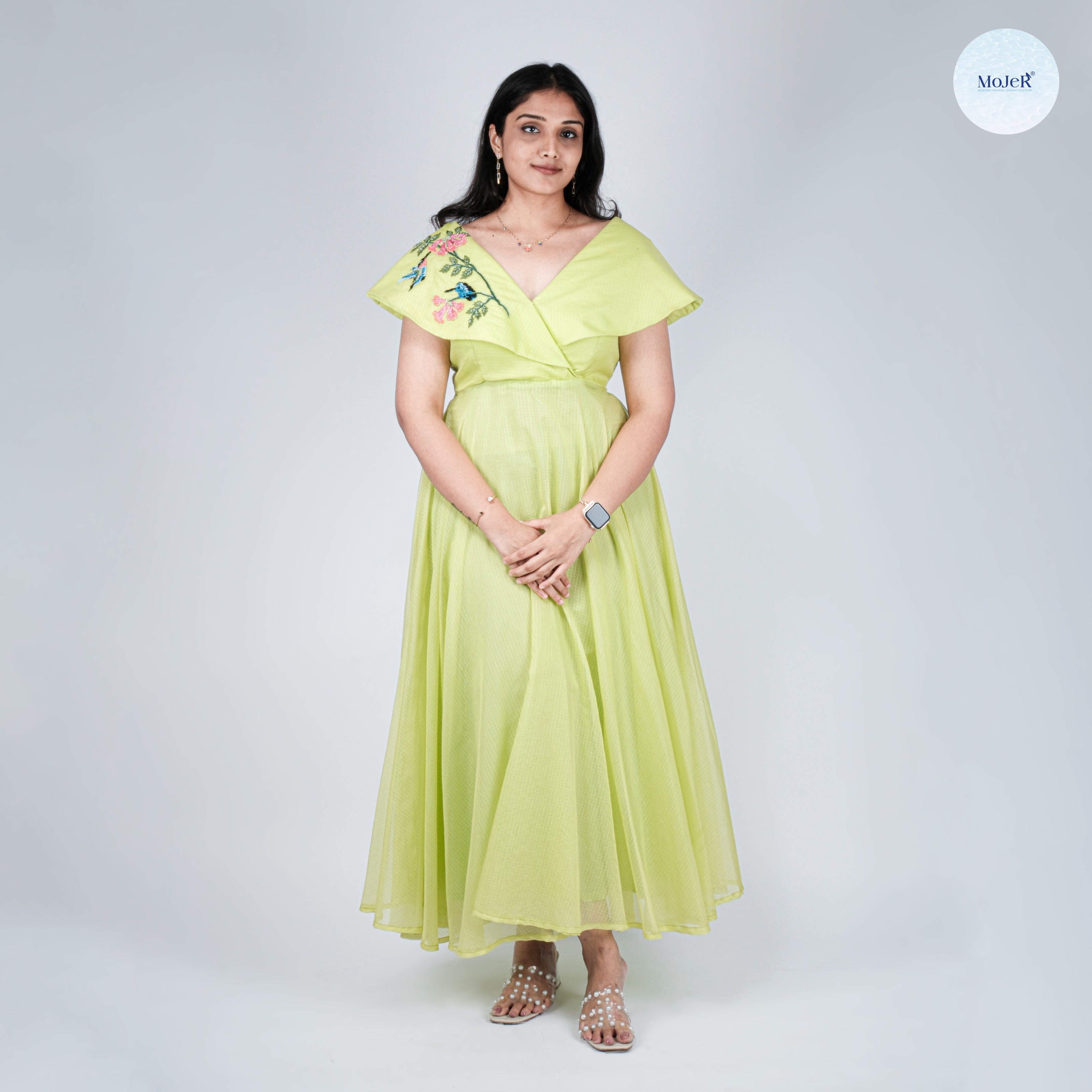 Lime Green Kota Fabric Dress with Hand-Embroidered Birds