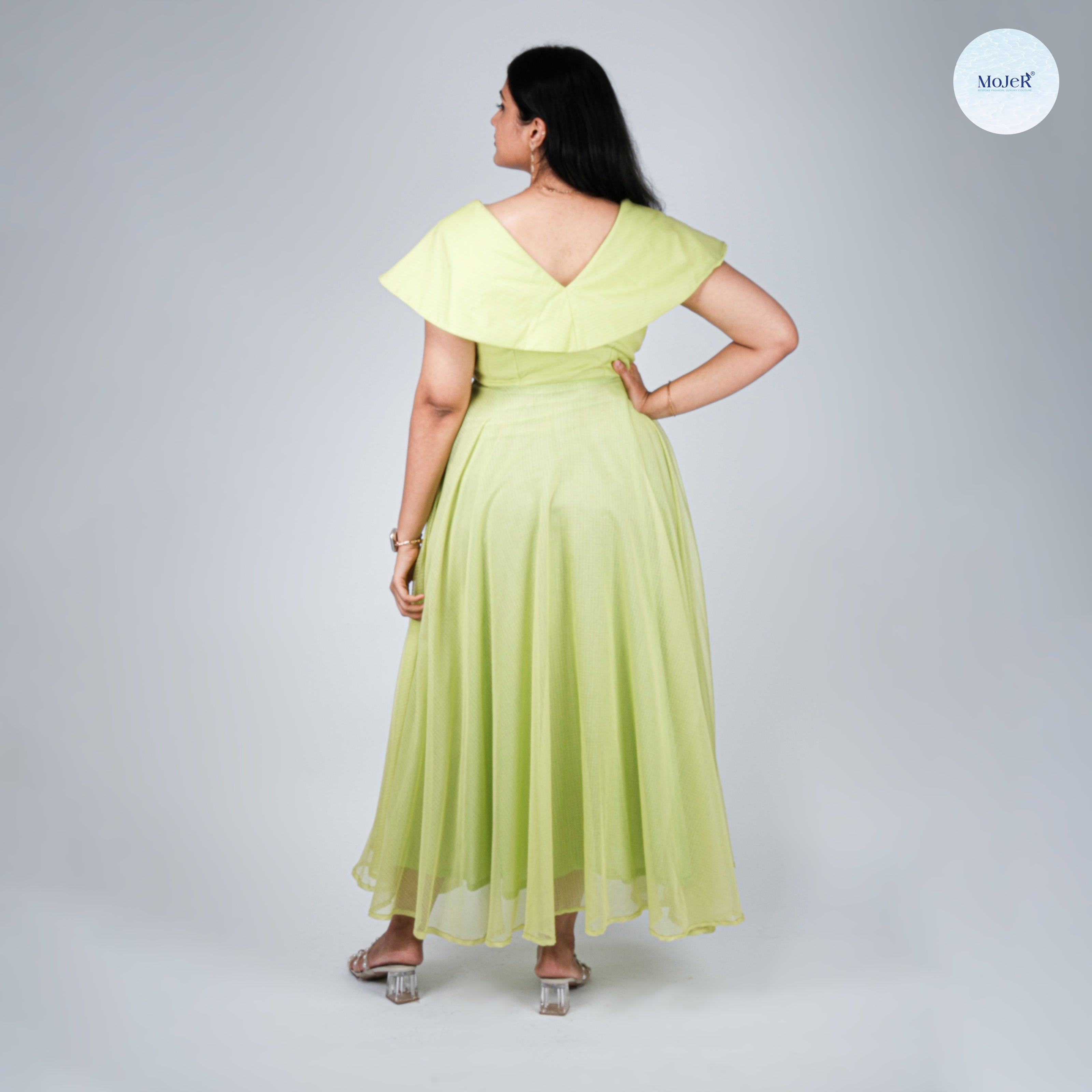 Lime Green Kota Fabric Dress with Hand-Embroidered Birds