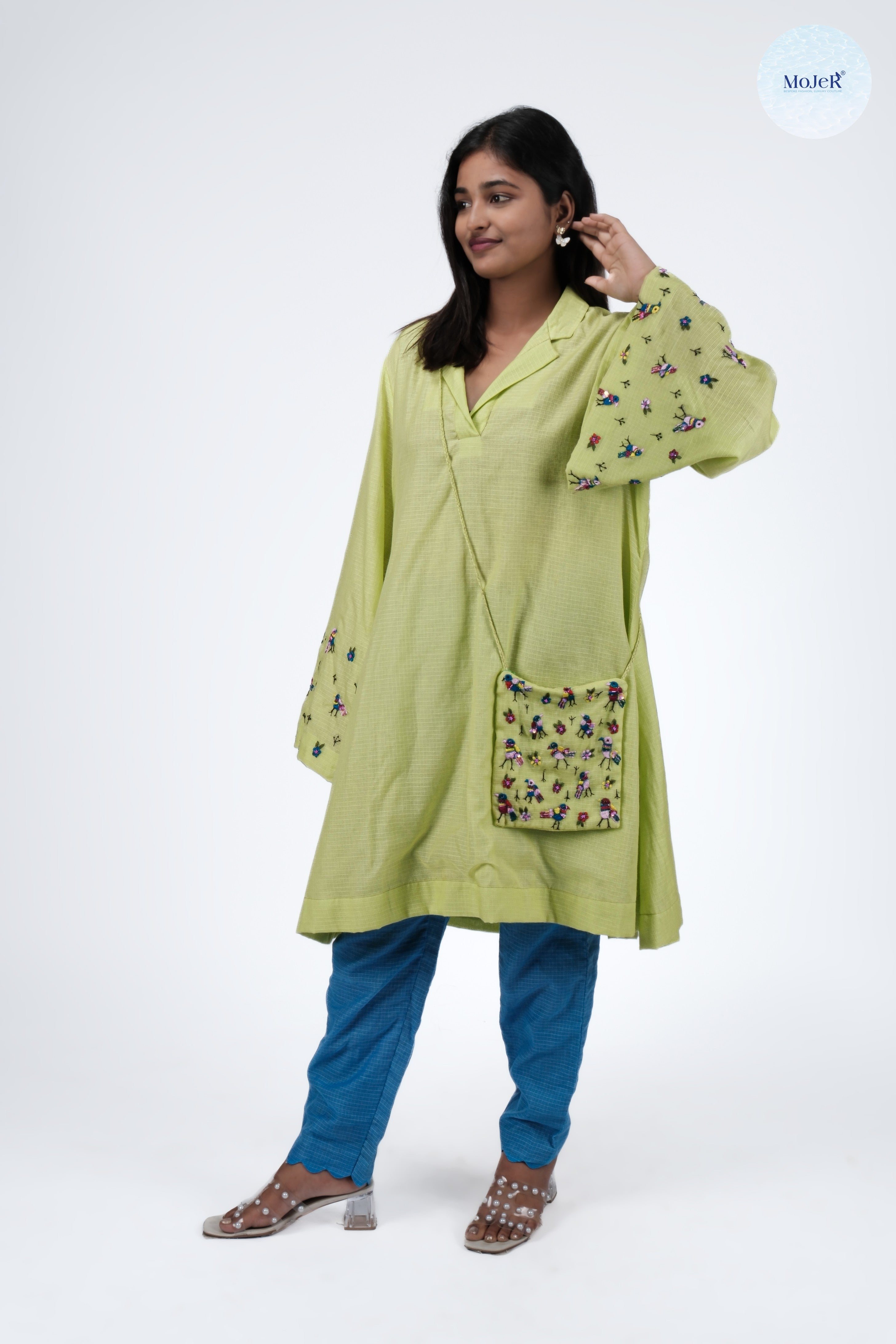Lime Green Kota Fabric Embroidered Tunic Set with Sling Bag