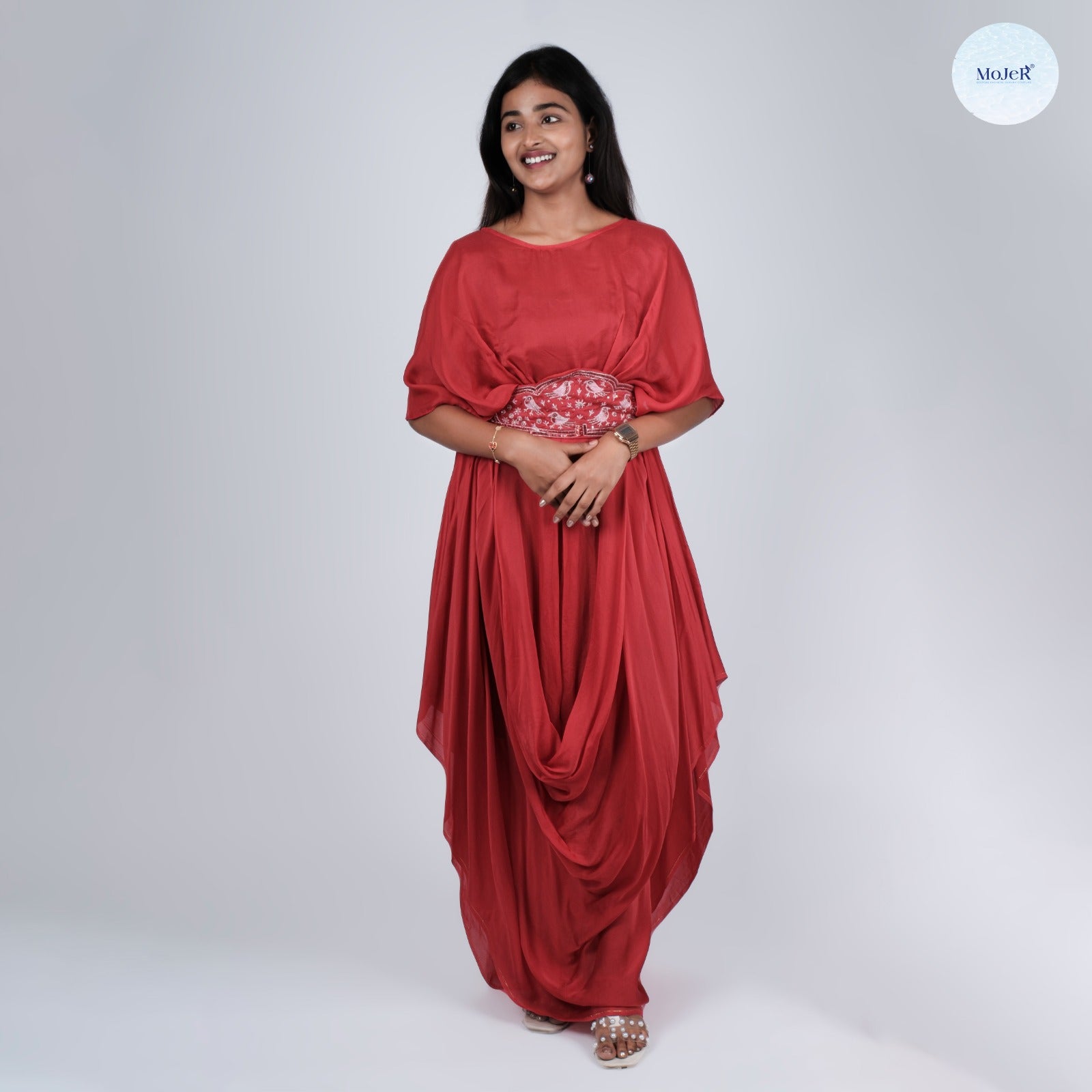 Red Satin Organza Cowl Gown with Hand-Embroidered Detachable Belt