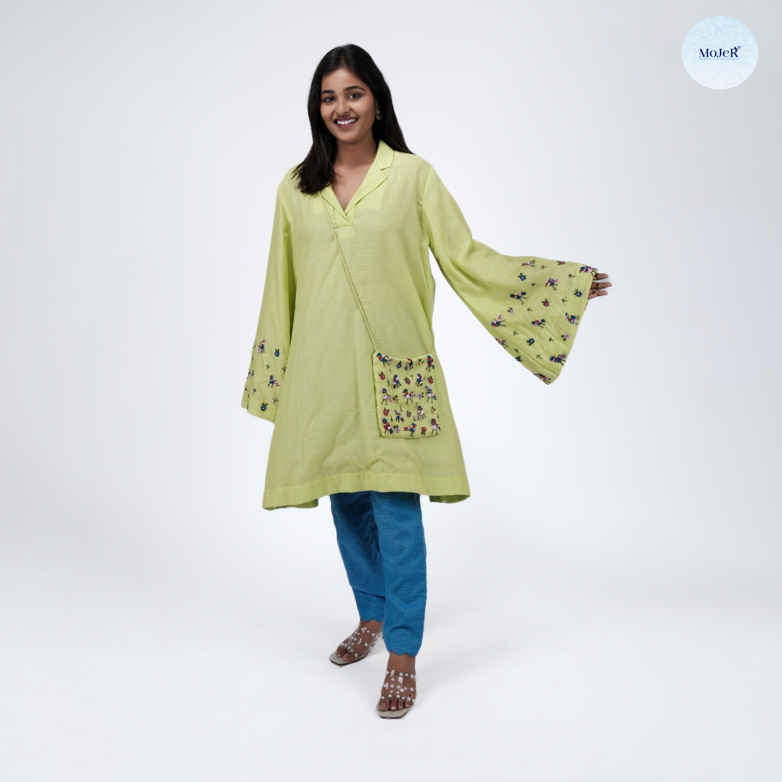 Lime Green Kota Fabric Embroidered Tunic Set with Sling Bag